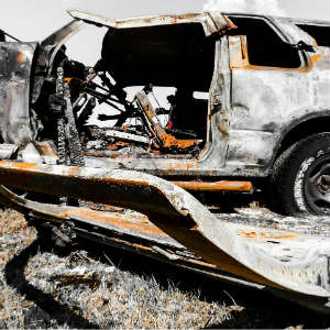 burned car after crash